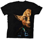 Star Wars Mens T-Shirt - Giant Yoda Half Face Over Saber Battle Image - Inmyparentsbasement.com