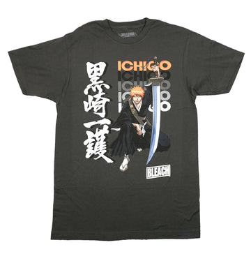Bleach Mens T-Shirt - Ichigo Crouching Holding Large Sword Kanji
