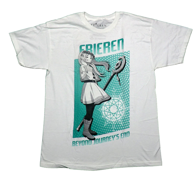 Frieren Mens T-Shirt - Grayscale Pose W/ Wand In On Polka Dot Field