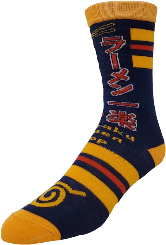 Ripple Junction Naruto Shippuden Adult Crew Socks Ichiraku Ramen Navy and Gold Officially Licensed