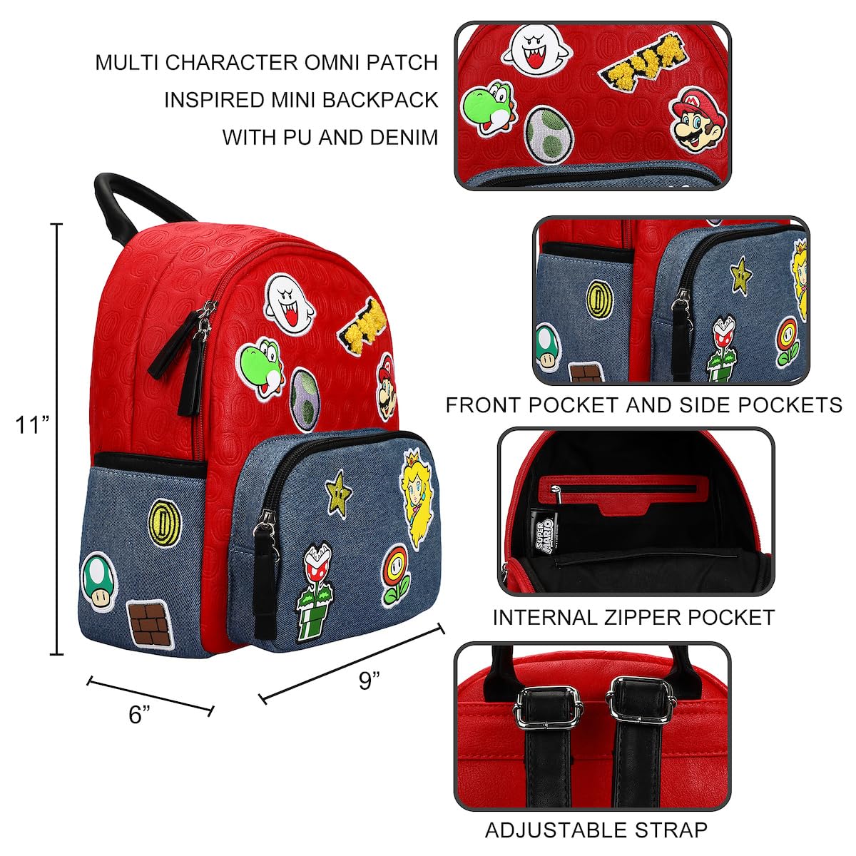 Super Mario Icon Patches red and Blue denim tone Embossed Mini Backpack