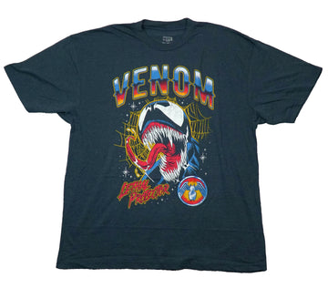Venom  Mens T-Shirt - Tongue Out Venom Over Yellow Web Under Name