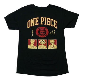 One Piece Mens T-Shirt - 3 Characters Below Red Skeleton Cross Bones & Name