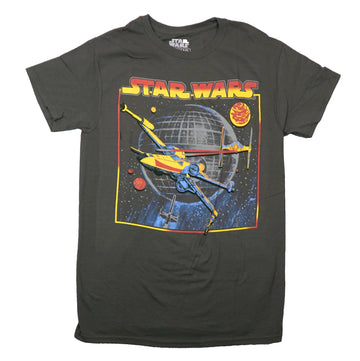 Star Wars Mens T-Shirt - X-Wing Flying By Gray Planet Below Name