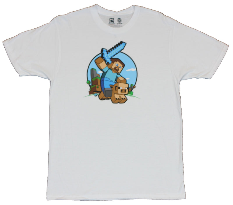 Minecraft Mens T-Shirt - Steve Circle Pig Ride Image