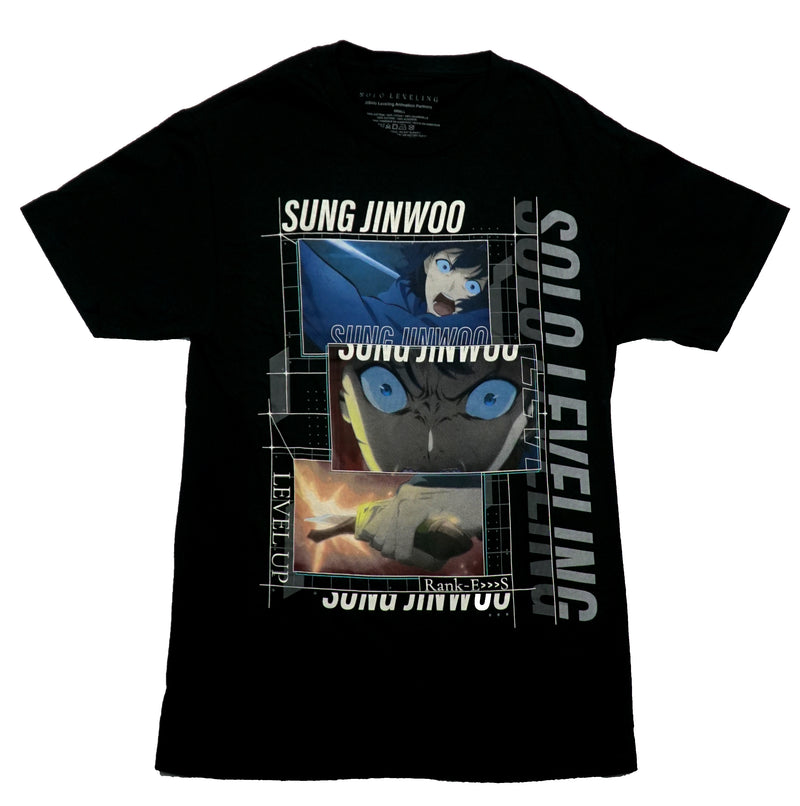 Solo Leveling Mens T-Shirt - 3 Panel Images of Sung Jinwoo Rank E-S - Inmyparentsbasement.com