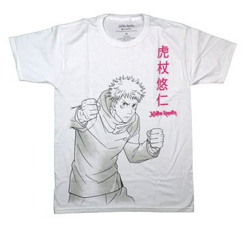 Jujutsu Kaisen Mens T-Shirt - Black Outline of Jujutsu Along Pink Kanji