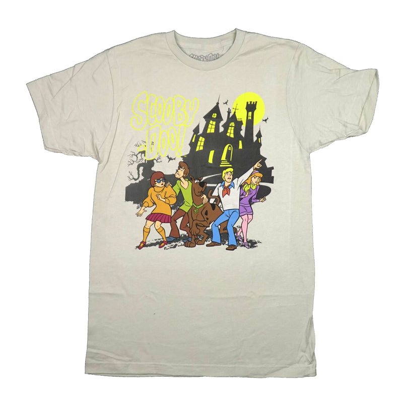 Scooby Doo Mens T-Shirt - Frightened Gang Below Sunny Haunted House