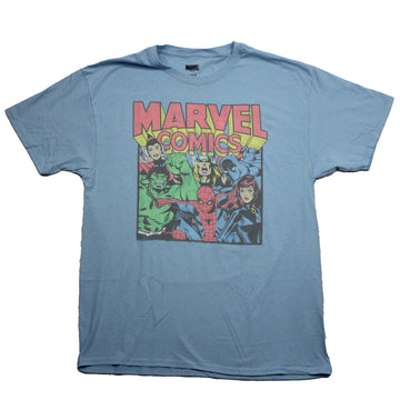 Marvel Comics Group Mens T-Shirt - Retro Heroes Under Pink Pastel Logo