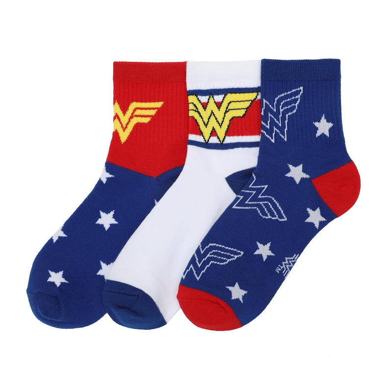 Bioworld Wonder Woman Logo Red White and Blue Athletic 3-Pack Quarter Crew Ankle Socks