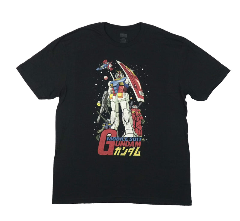Mobile Suit Gundam Mens T-Shirt - Trio of Mobile Suits Standing on Logo