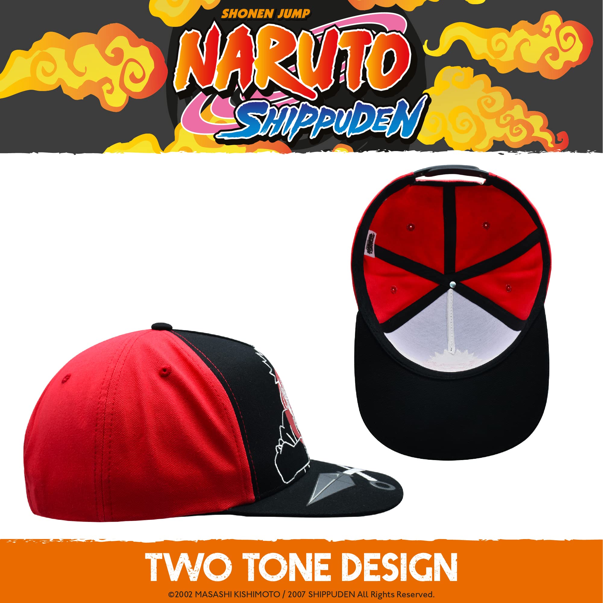 Naruto Baseball Hat, Jutsu Daggers Design Adult Snapback Cap with Flat Brim, Red/Black, One Size