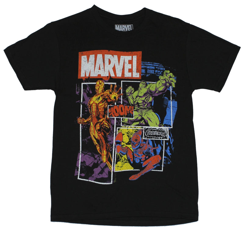 Marvel Comics Mens T-Shirt -  Distressed Stylized Iron Man Hulk & Spidey Boxes