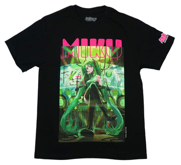 Hatsune Miku Mens T-Shirt - Crossed Leg Hatsune Sitting On Chair Below Name