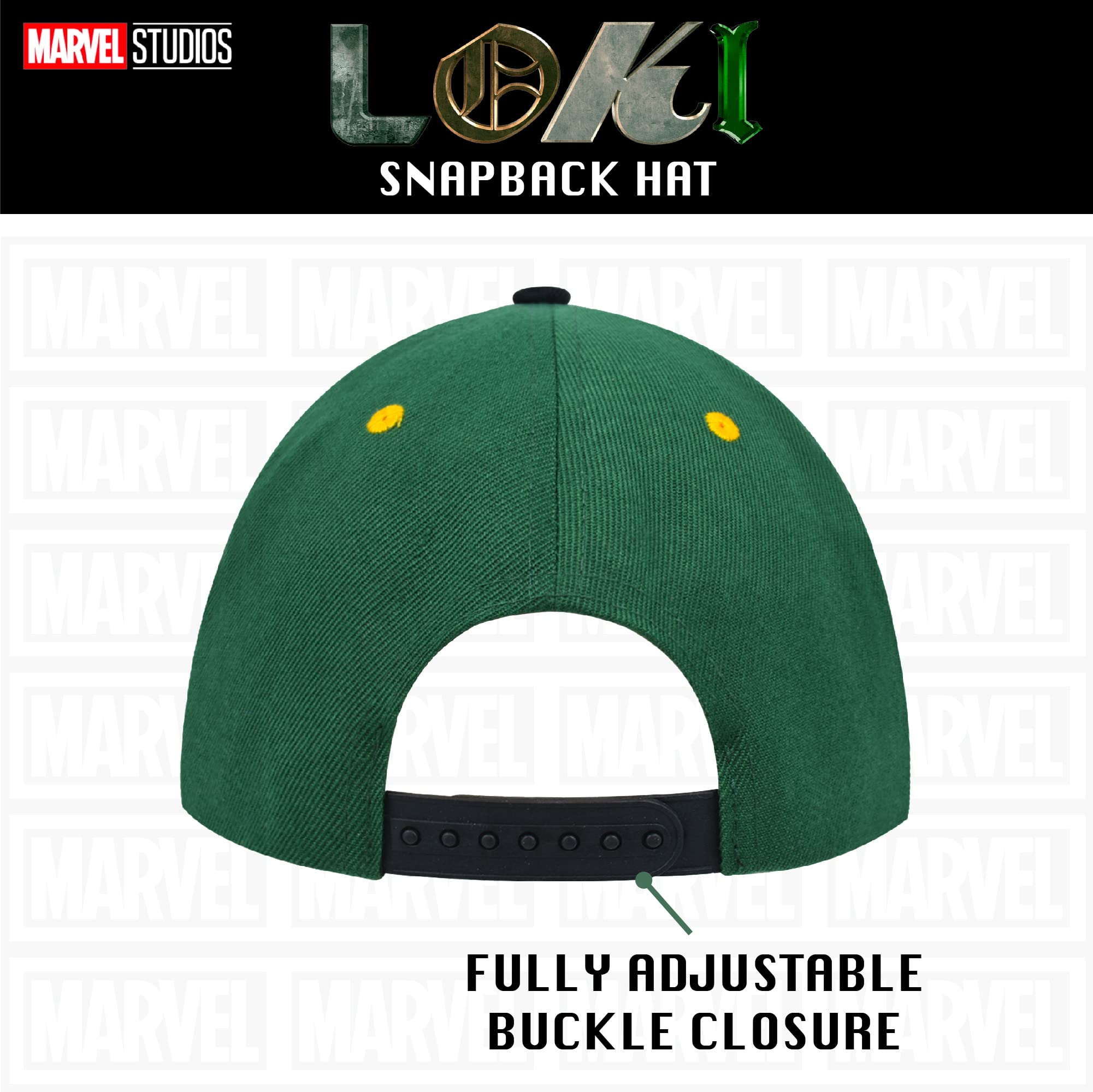Marvel Loki Baseball Hat, Gold Embroidered Logo Adult Snapback Cap with Flat Brim, Green, One Size