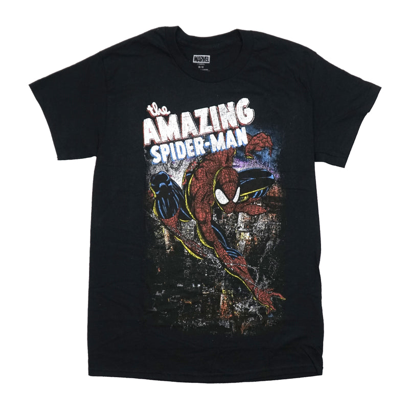 Spider-Man Mens T-Shirt - Amazing Flying Above the City Below