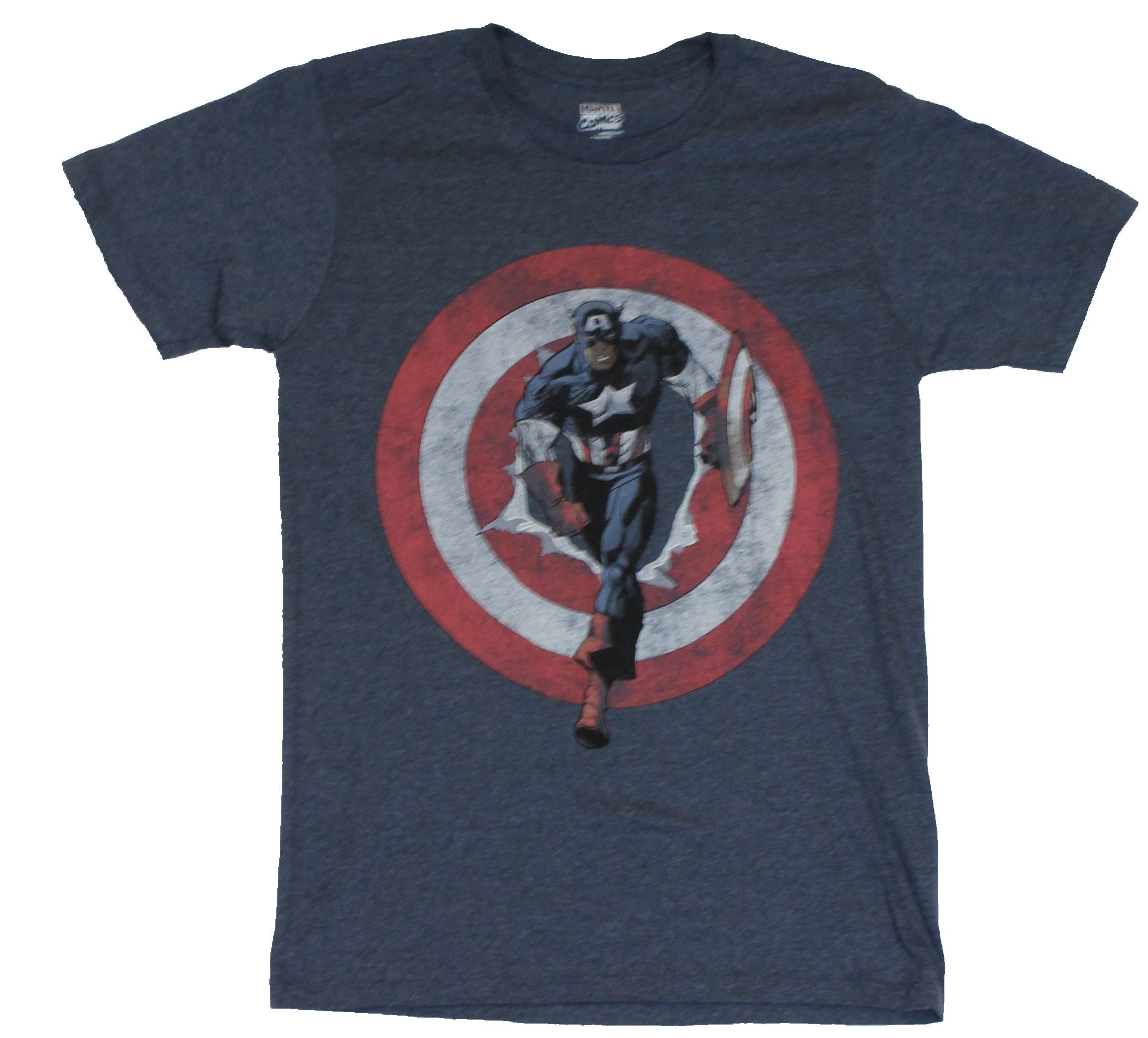Captain America Mens T-Shirt - Distressed Captain America Running Through Logo
