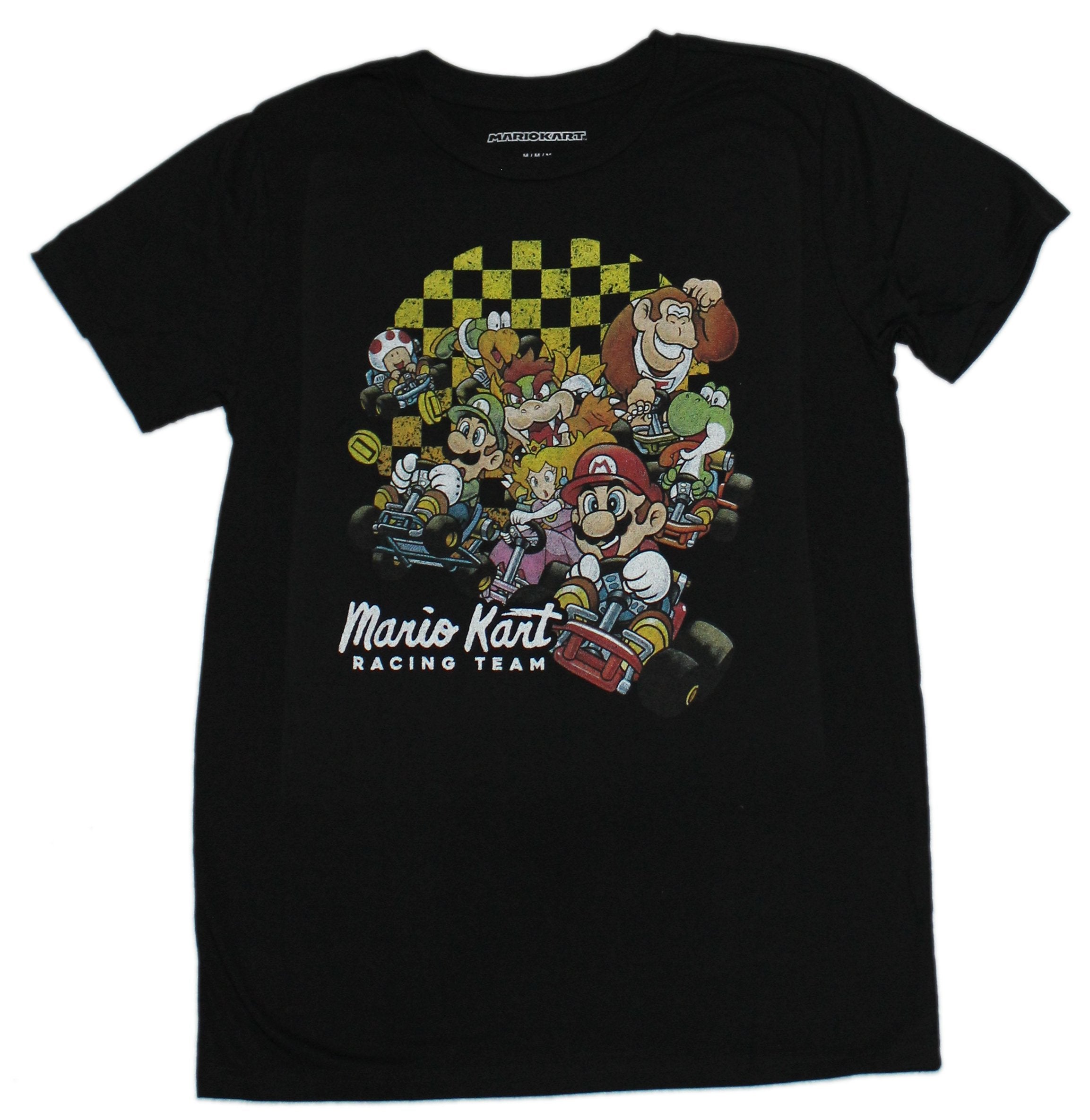 Mario Kart Mens T-Shirt -  Racing Team Distressed Checkered Background