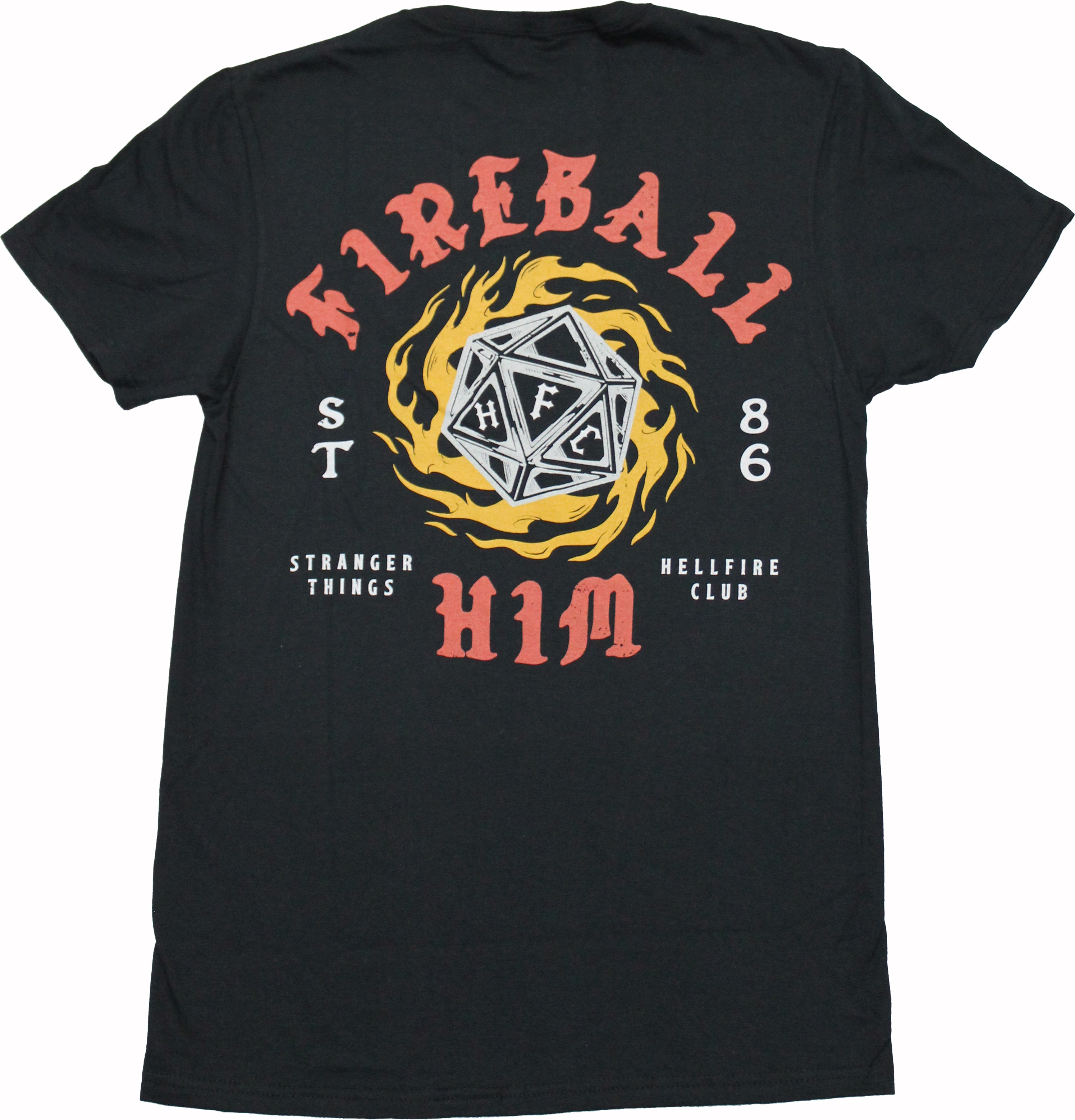 Stranger Things Mens T-Shirt - Hellfire Club Lapel Fireball Him Back