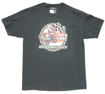 Super Mario Brothers Mens T-Shirt -Karting With Checkered Flag in Hand