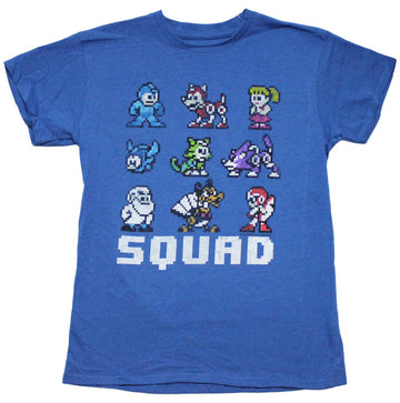 Mega Man Mens T-Shirt - Pixeled Characters over "Squad" Name