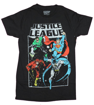 Justice League Mens T-Shirt- Distressed Main 4 Under Logo Image