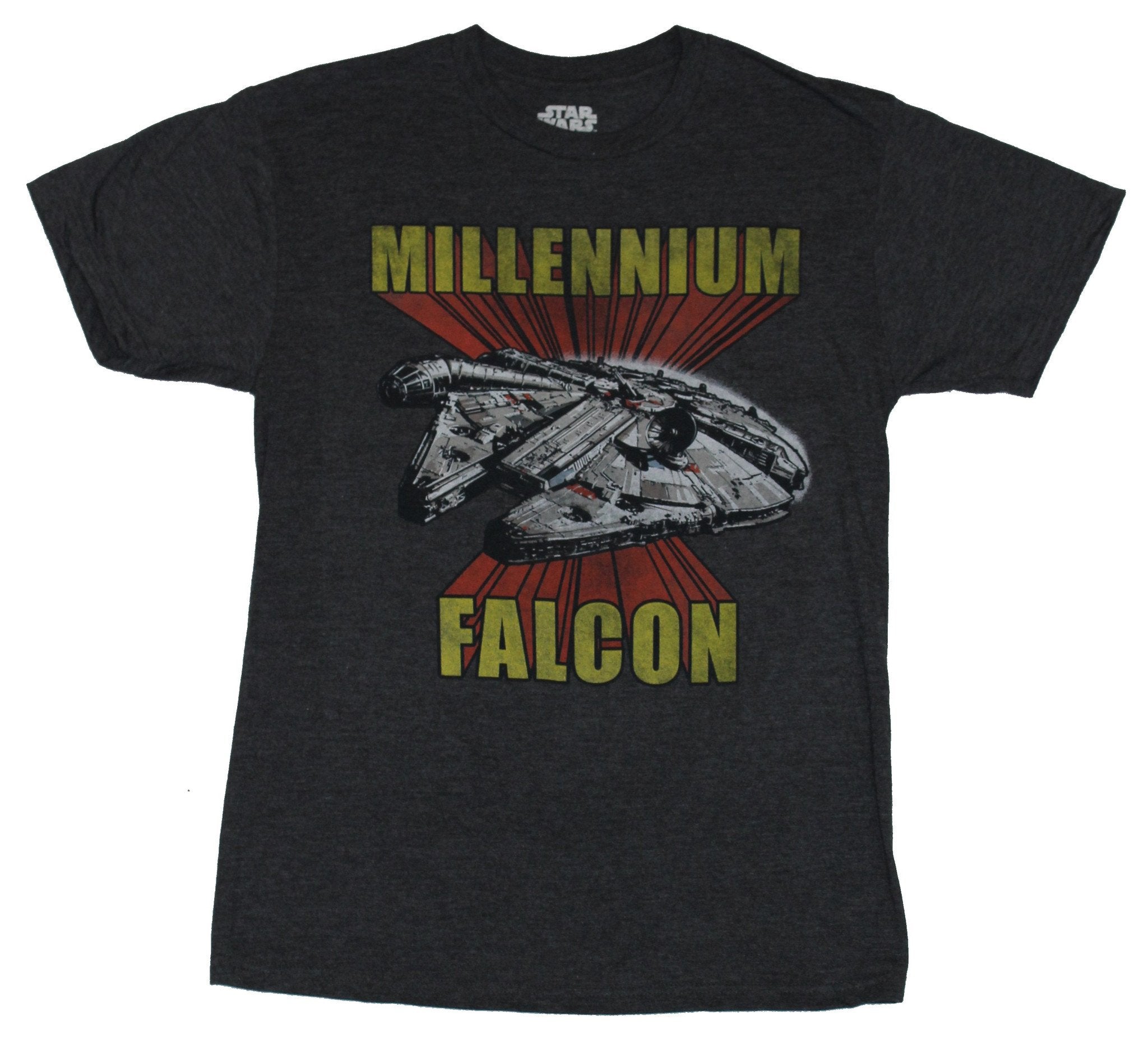 Star Wars Mens T-Shirt - Distressed Millennium Falcon Between Words Image