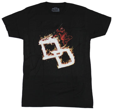 Daredevil (Marvel Comics) Mens T-Shirt - Matt Murdock Jumping Over Flaming DD