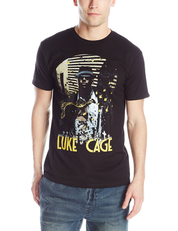 Luke Cage (Marvel) Mens T-Shirt - Cage in Shadow Riddled By Bullets