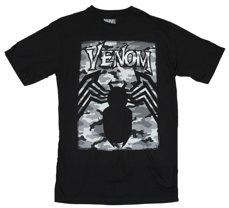 Venom (Marvel Comics) Mens T-Shirt - Black and White Camo Style Logo Image - Inmyparentsbasement.com