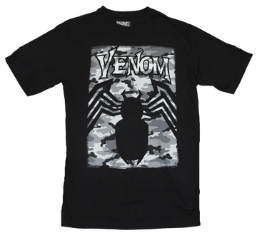 Venom (Marvel Comics) Mens T-Shirt - Black and White Camo Style Logo Image