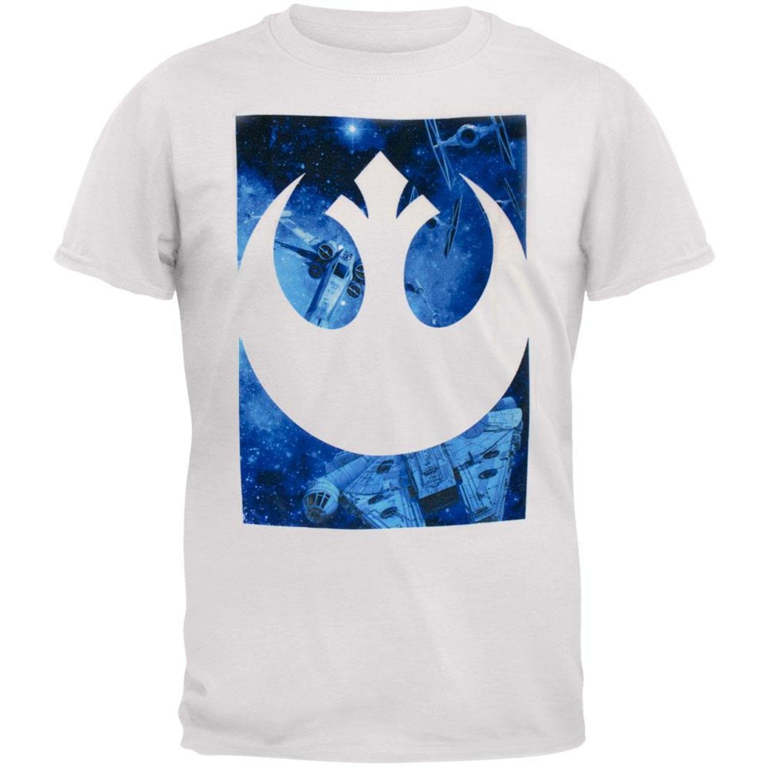 Star Wars Mens T-Shirt - White Rebel Symbol Over X-Wing Tie Fighter Battle