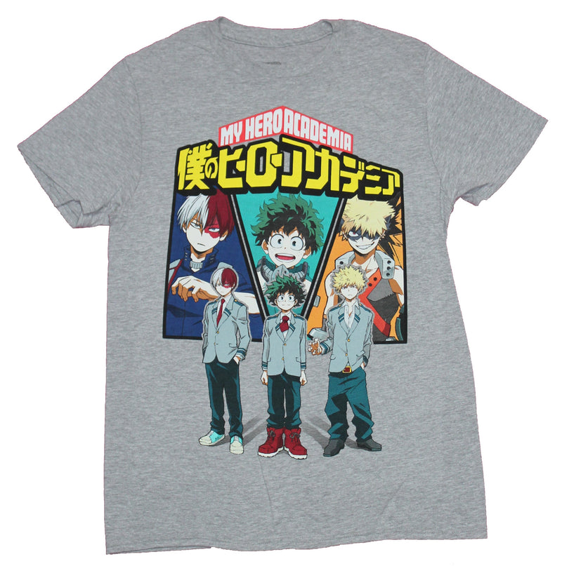 My Hero Academia Mens T-Shirt - Bakugo Deku & Todoroki Suited Trio Under Action - Inmyparentsbasement.com