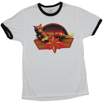 Captain Marvel Mens Ringer T-Shirt - Goose Powered Cat Laid Out