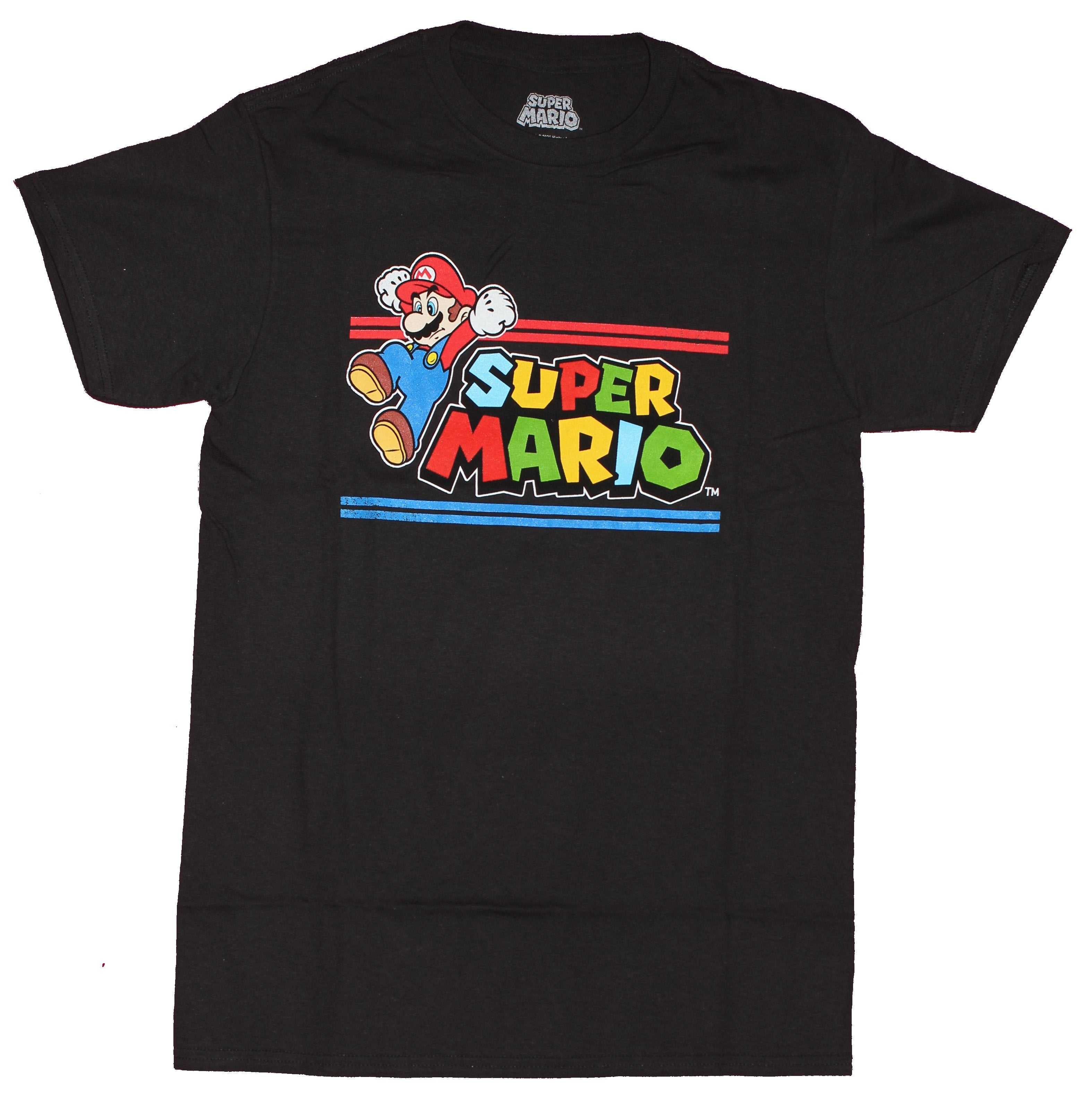 Super Mario Brothers Mens T-Shirt  - Jumping Next To Colorful Name Logo