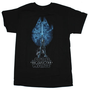 Star Wars The Last Jedi Mens T-Shirt - Rey Under Blue Millennium Falcon Image
