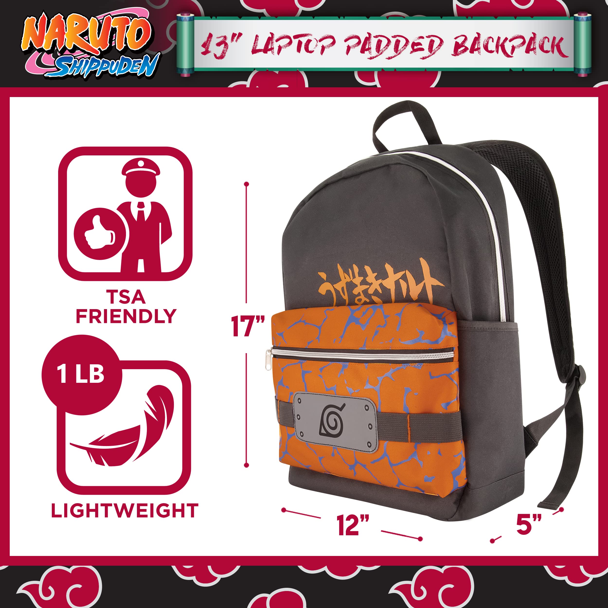 Naruto 13 Inch Sleeve Laptop Backpack, Padded Computer Bag for Commute or Travel, Shinobi Headband, One Size