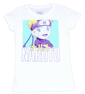 Naruto Shippuden Girls Juniors T-Shirt - Chibi Style Naruto Chibi Over Logo