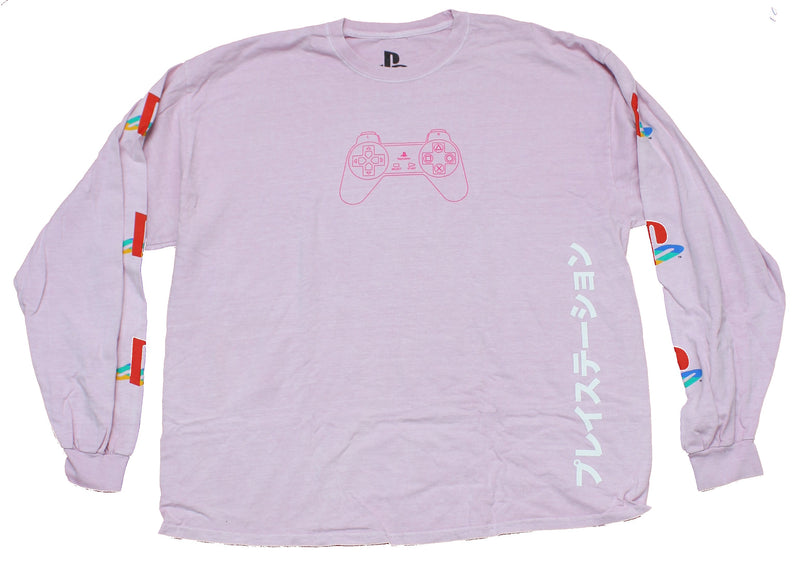 PlayStation Mens Long Sleeve T-Shirt - Controller Image Logo  Sleeves Kanji