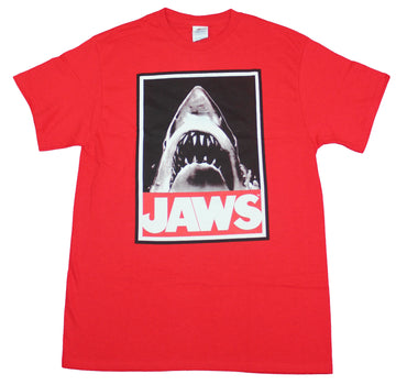 Jaws Mens T-Shirt- Big Mouth Shark Over Red Name Image