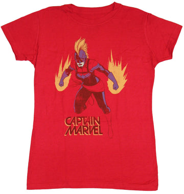 Captain Marvel (Comics) Girls Juniors T-Shirt - Power Posed Distressed Over Name