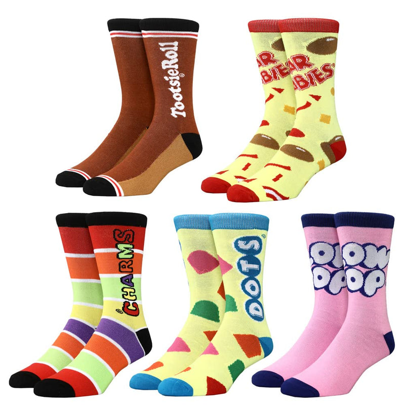 Bioworld Chocolate Tootsie Roll Pops Candy Labels Casual fun Crew Socks for Boys 5-Pack - Inmyparentsbasement.com