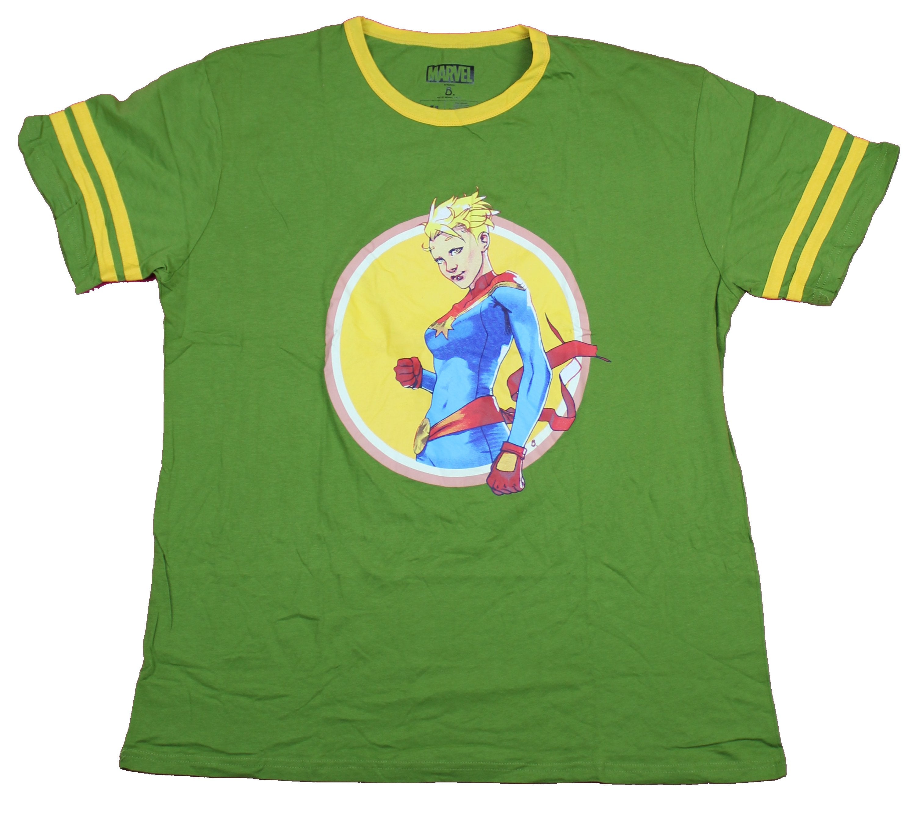 Captain Marvel Mens Ringer T-Shirt- Powerful Circle Comic Image