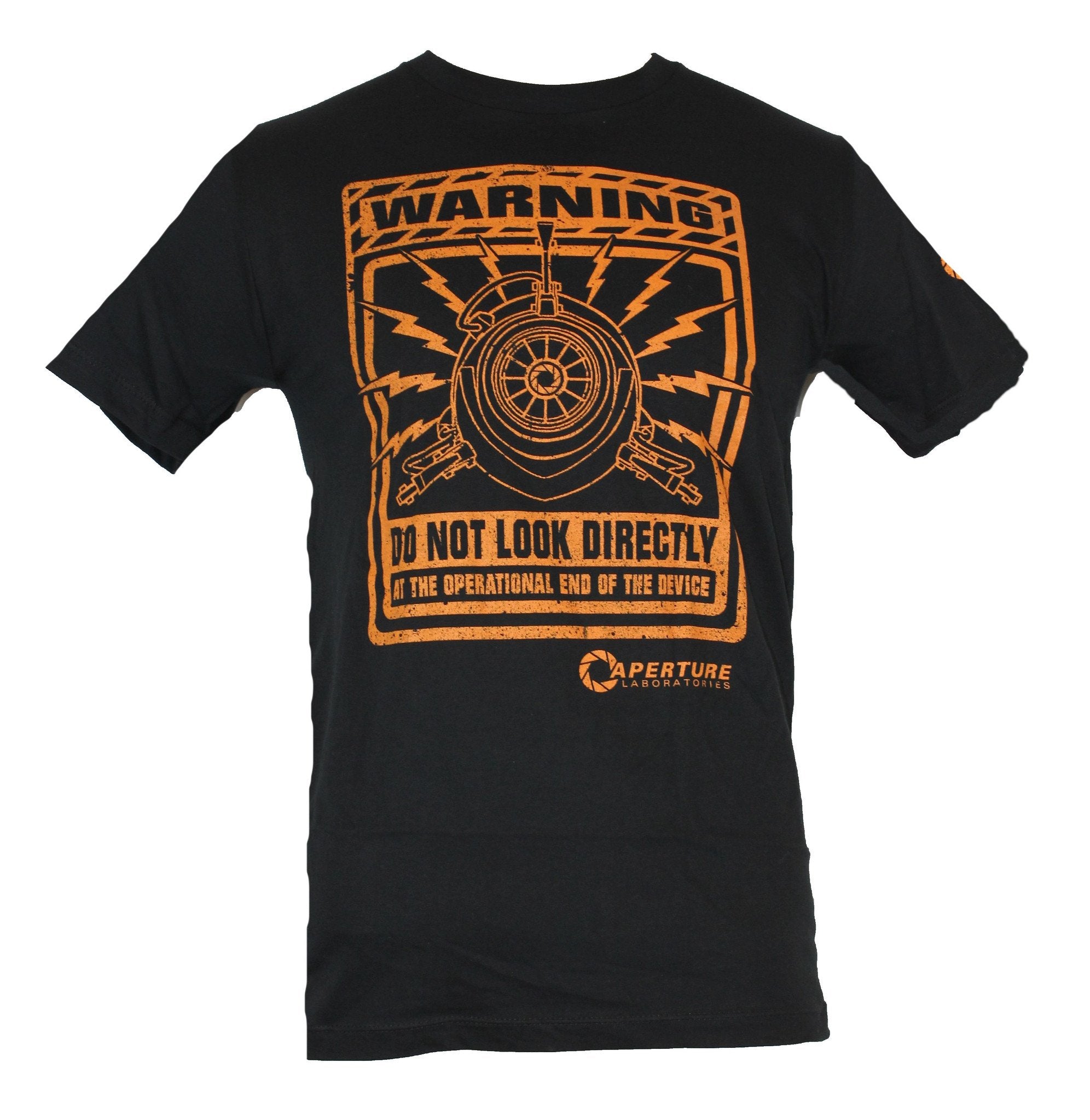 Portal Mens T-Shirt - Warning Do Not Look Aperature Warning Label Image