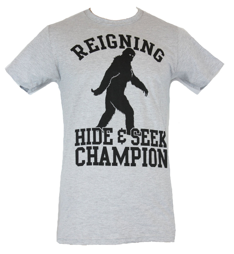 Bigfoot Mens T-Shirt - Reigning Hide and Seek Champion Turned Look Image - Inmyparentsbasement.com