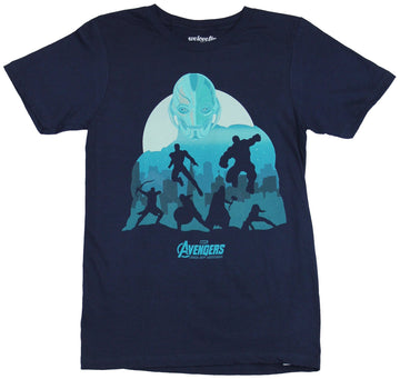 Avengers (Marvel Comics) Mens T-Shirt - Jumping Silhouettes Under Blue Ultron