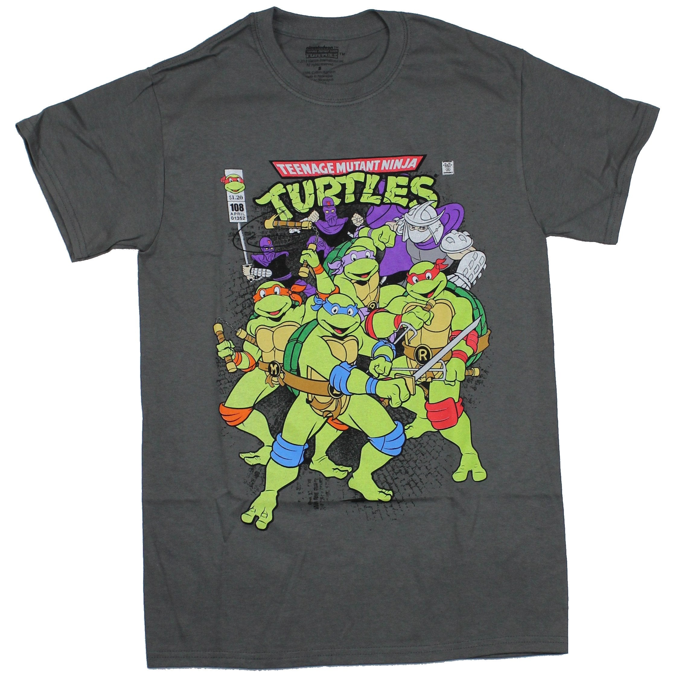 Teenage Mutant  Ninja Turtles  Mens T-Shirt - 4 Boys & Foot Clan Comic Image
