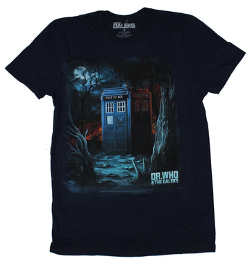 Doctor Who & the Daleks Mens T-Shirt - Darkened Wooded Call Box Image