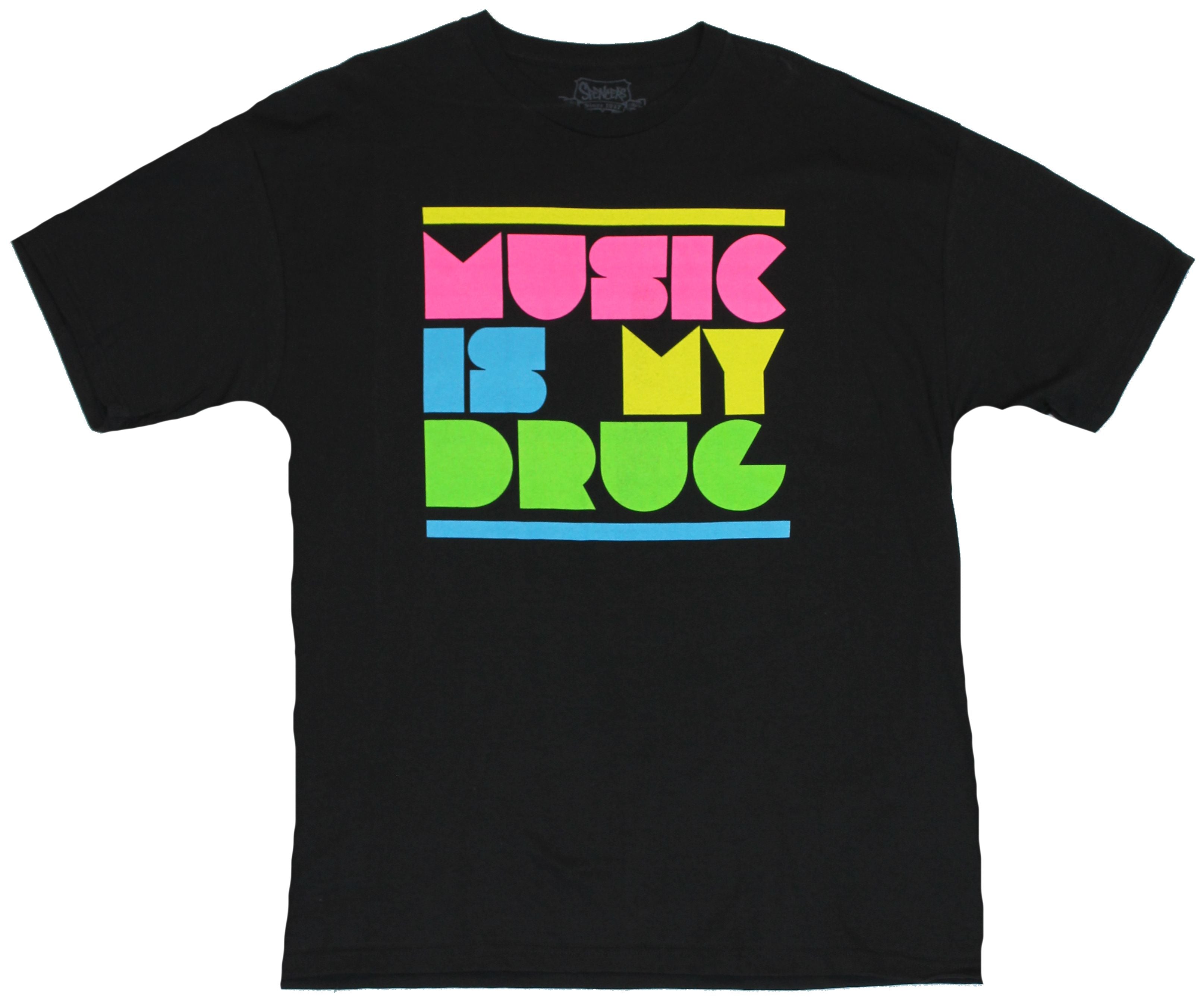 Music is My Drug Mens T-Shirt - Neon Block Letter Image