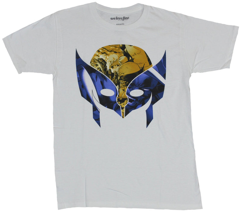 Wolverine (Marvel Comics) Mens T-Shirt - Mask Image Filled With Comic Panels - Inmyparentsbasement.com